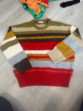 Guizo Multicolor Striped Crewneck Sweater - Red, Olive & Mustard